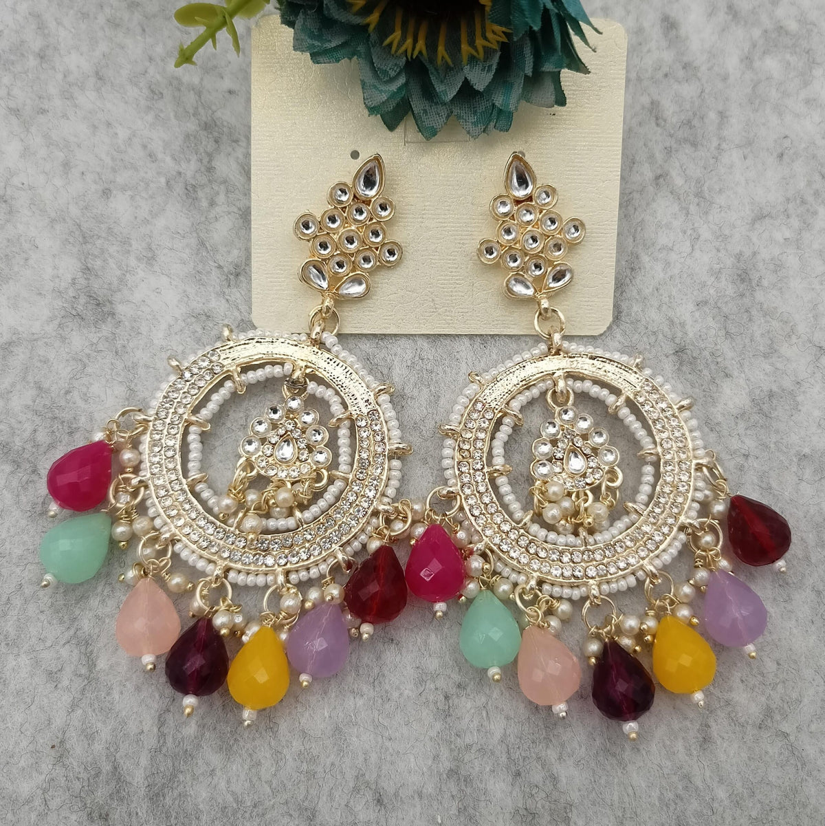 Multicolor Beads Round Bollywood Trending Stone Polki Golden Earrings