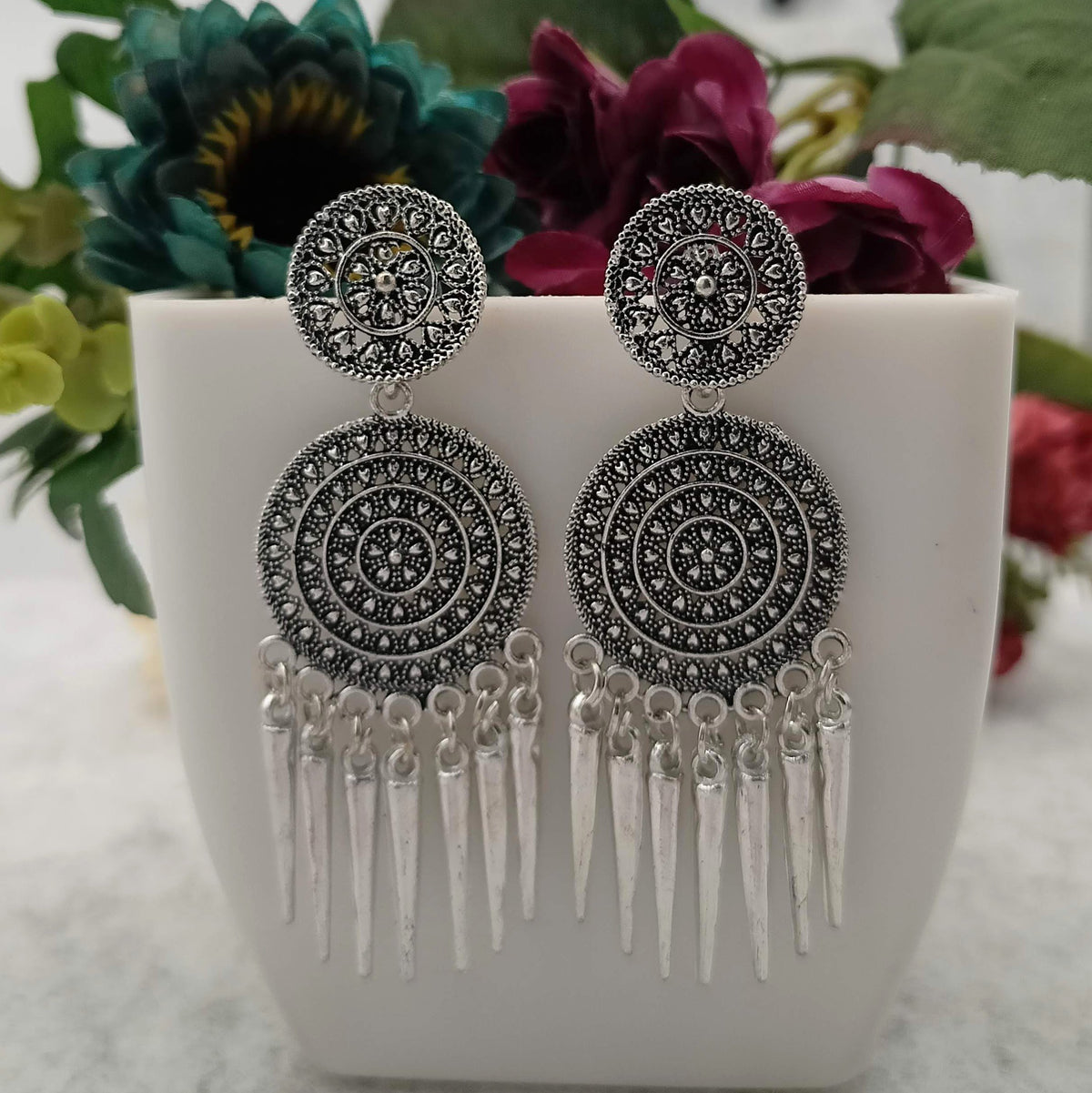 Round Beautiful Tribal Silver Oxidised Earrings