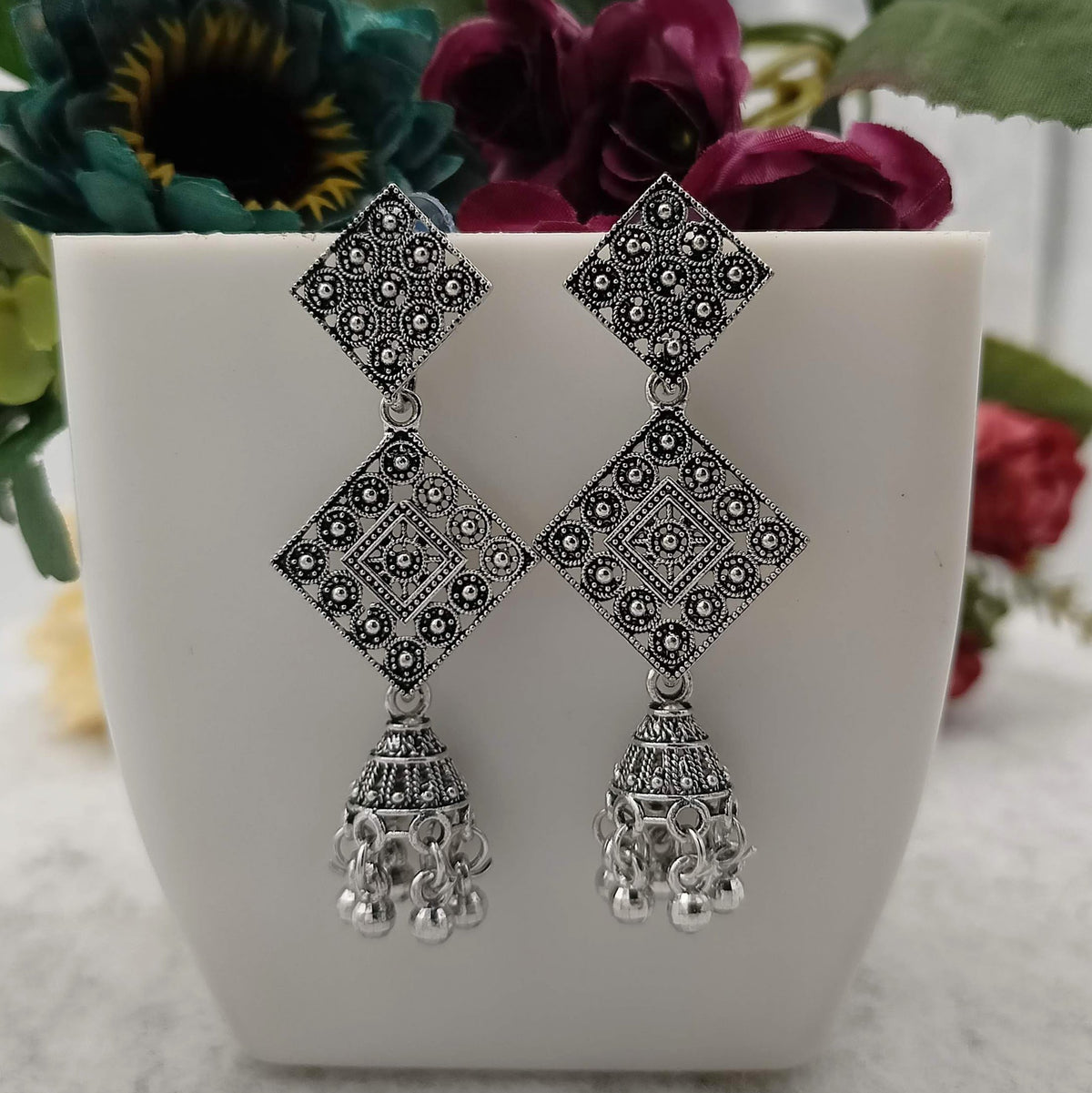 Diamond Shape Jhumka Silver Oxidised Earrings