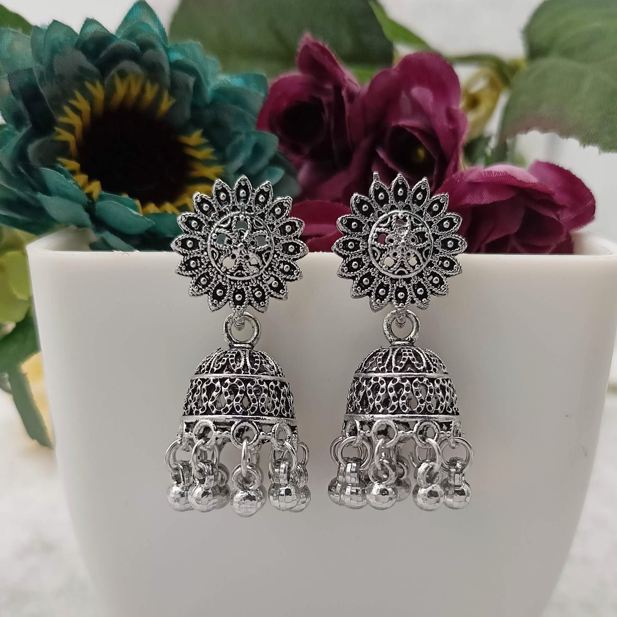 Flower Design Trendy Jhumka Silver Oxidised Earrings