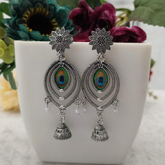 Peacock Sticker Unique Jhumka Silver Oxidised Earrings