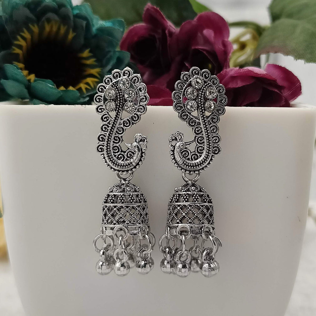 Beautiful Peacock Jhumka Silver Oxidised Earrings