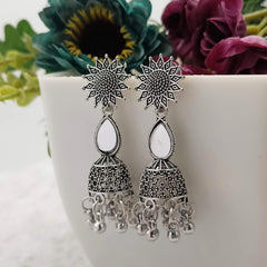 Flower Water Drop Mirror Jhumka Silver Oxidised Earrings