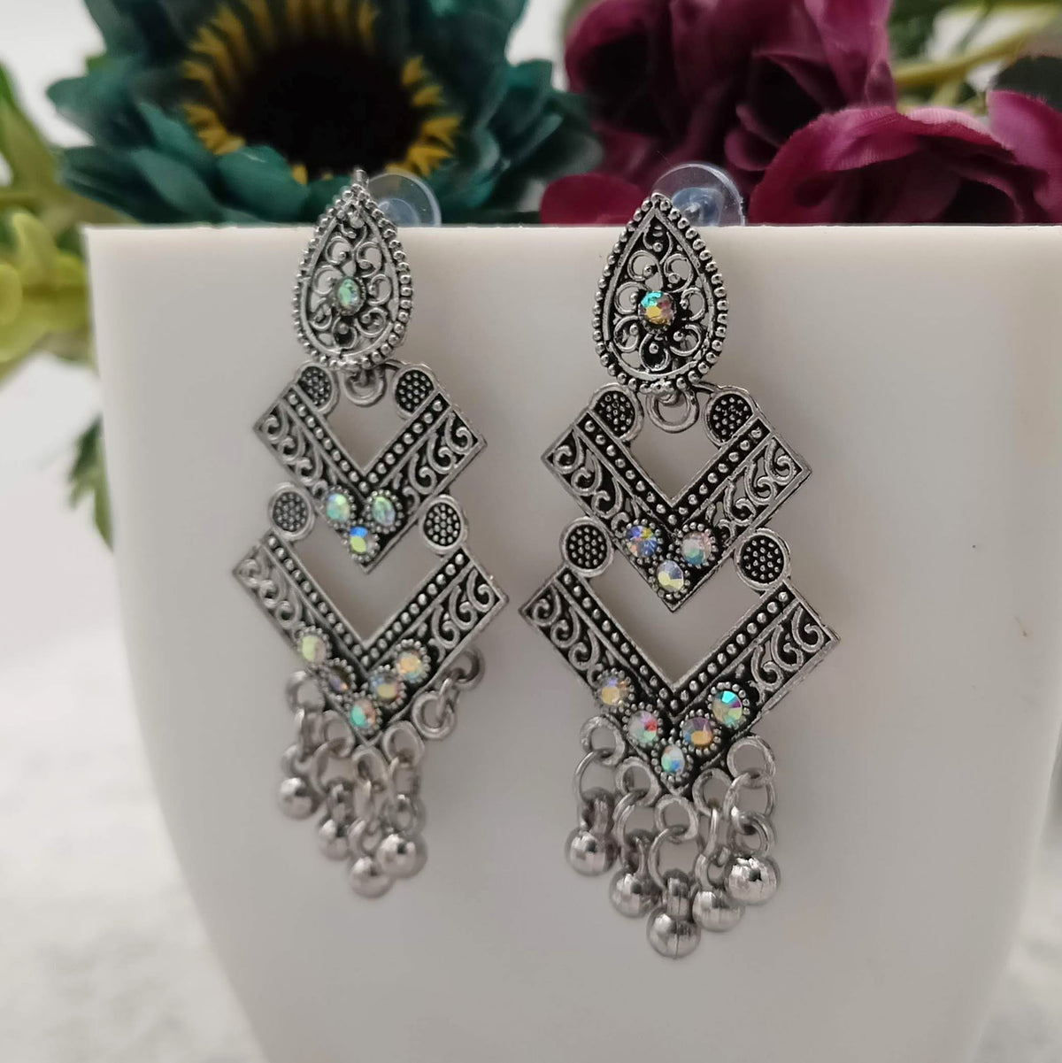 Double Layer Rainbow Stone Silver Oxidised Jhumka Earrings