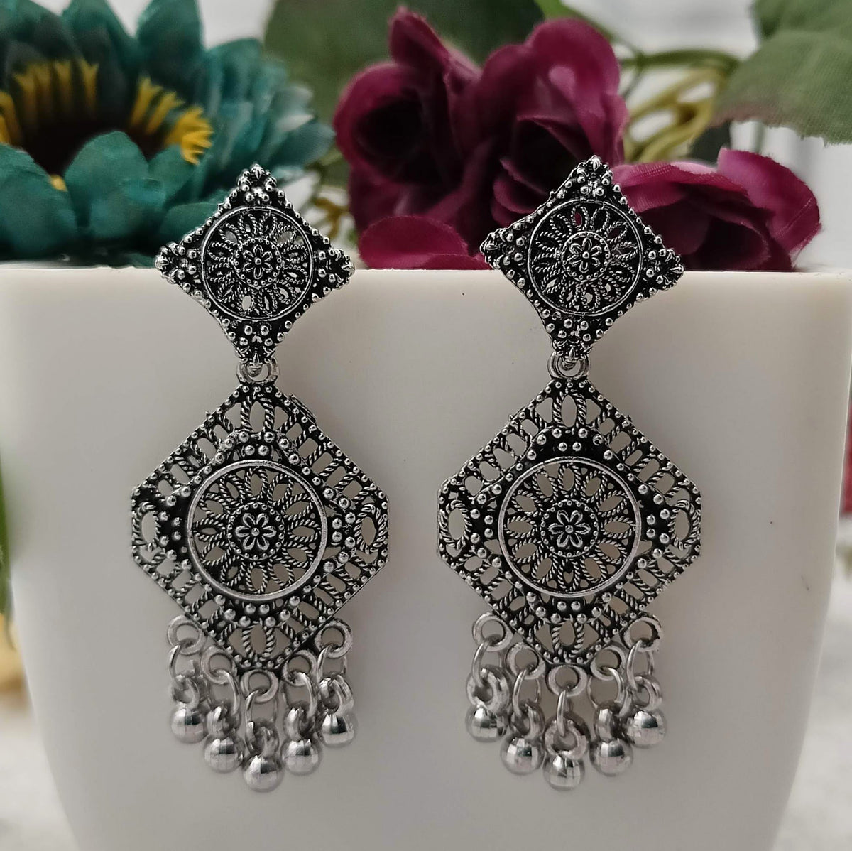 Drop Silver Beads Oxidised Earrings