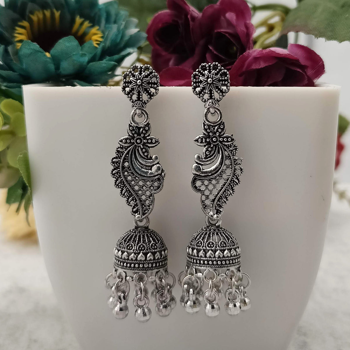 Flower Design Drop Jhumka Oxidised Silver Earrings