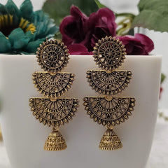 Double Chandbali Golden Jhumka Oxidised Trending Cute Earrings