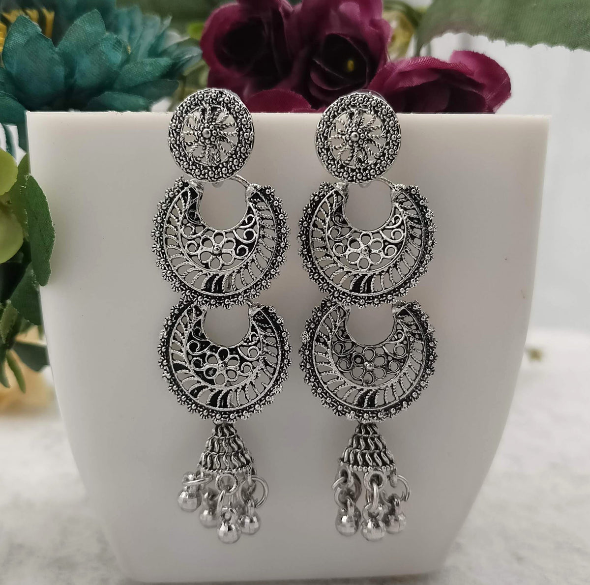 Double Chandbali Jhumka Silver Oxidised Trending Earrings