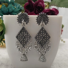 Diamond Shape Jhumka Silver Oxidised Trending Earrings