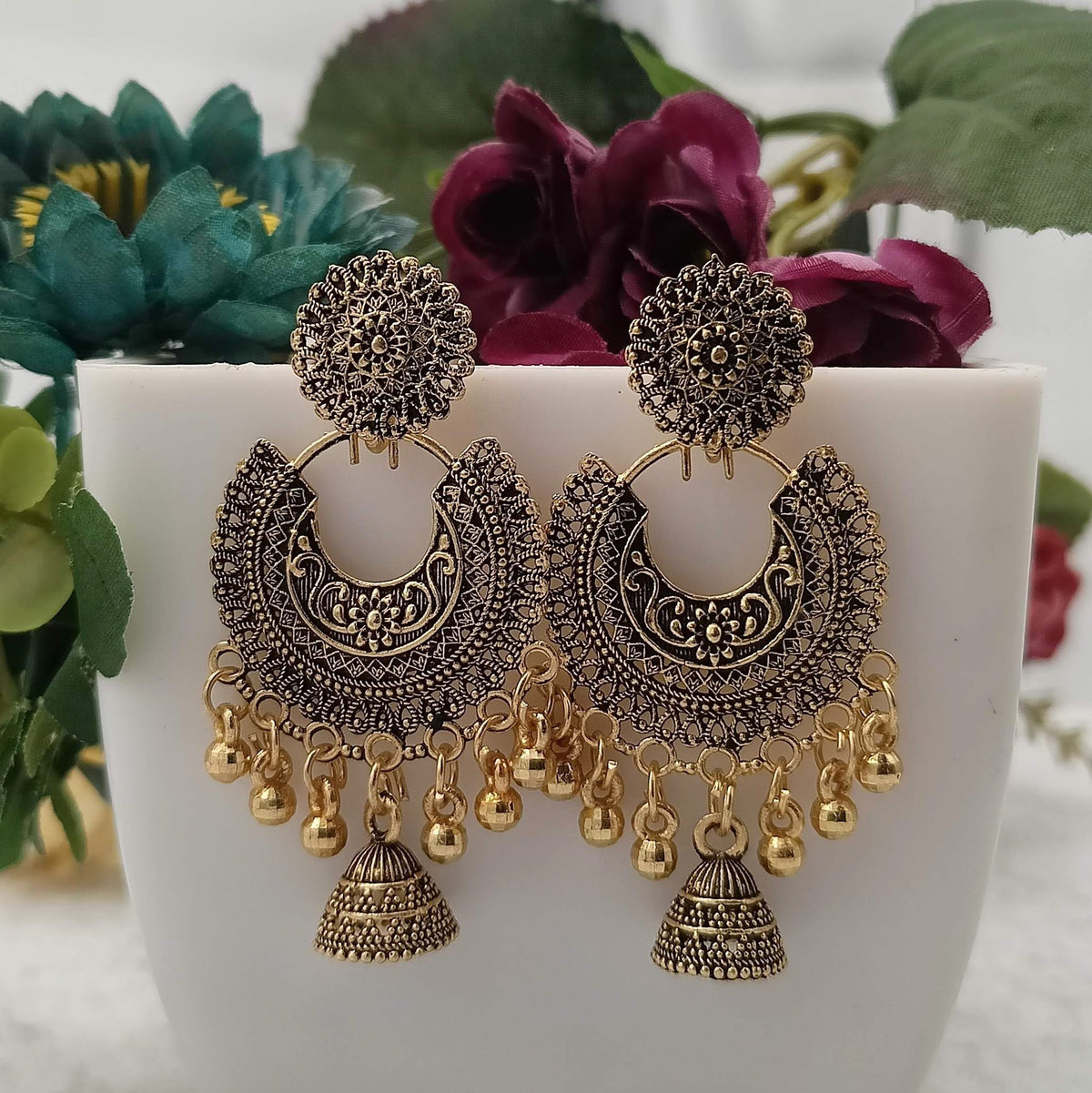 Golden Chaandbali Jhumka Oxidised Trending Earrings