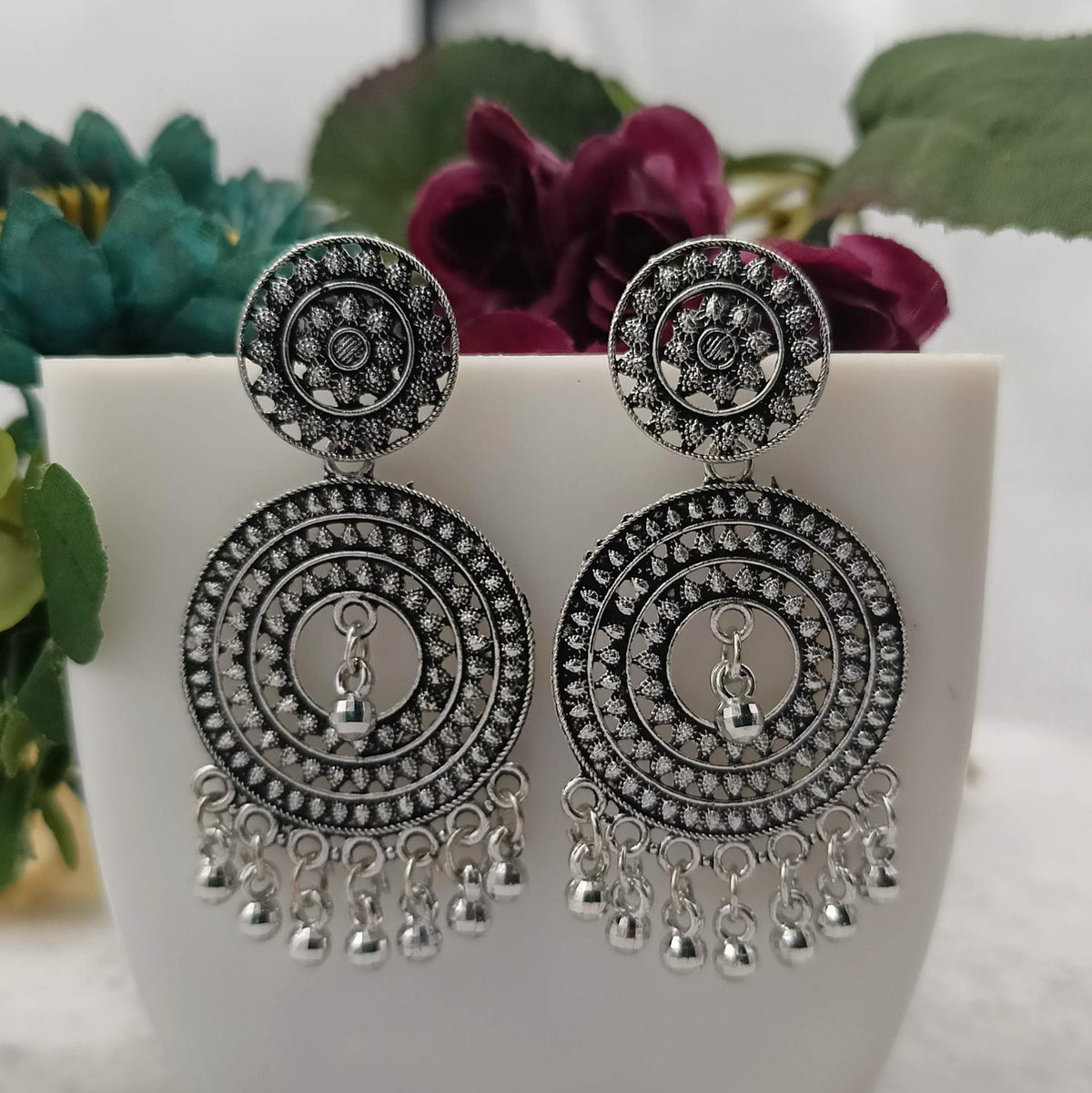 Ethnic Bollywood Round Silver Oxidised Earrings