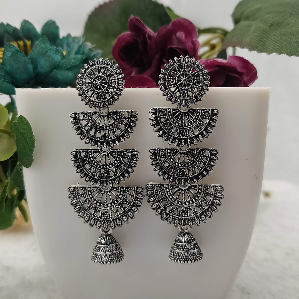 Triple Layer Chaandbali Jhumka Silver Oxidised Earrings