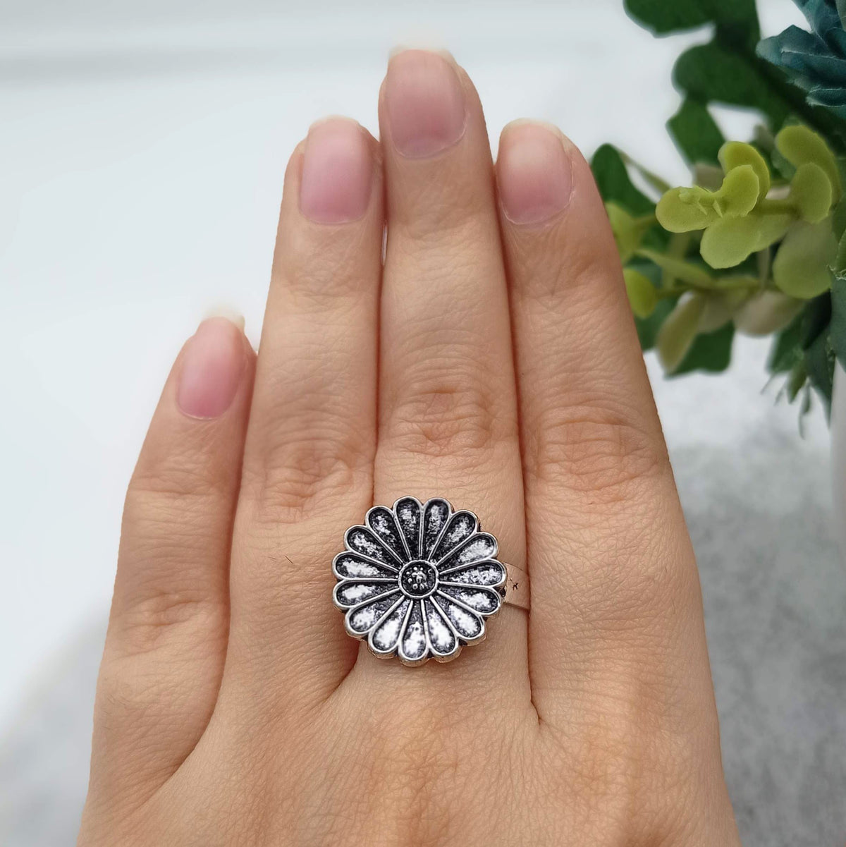 Flower Bollywood Silver Oxidised Adjustable Finger Ring