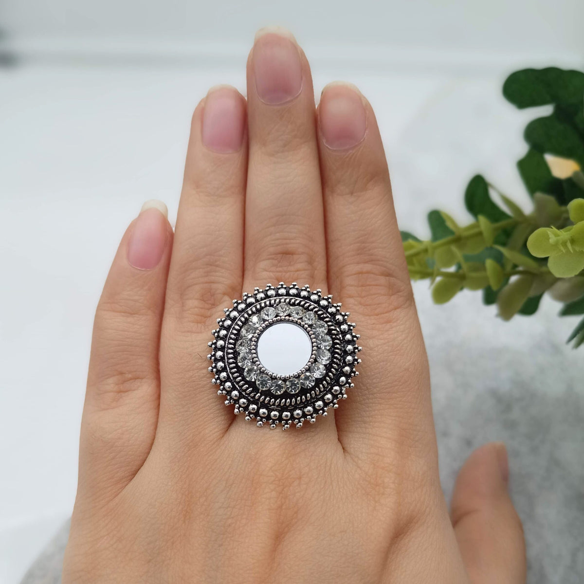 Mirror Round Stone Silver Oxidised Adjustable Finger Ring