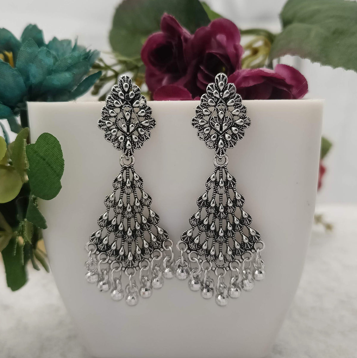 Long Traditional Silver Oxidised Earrings