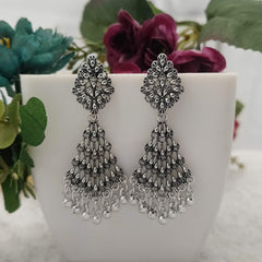 Long Traditional Silver Oxidised Earrings