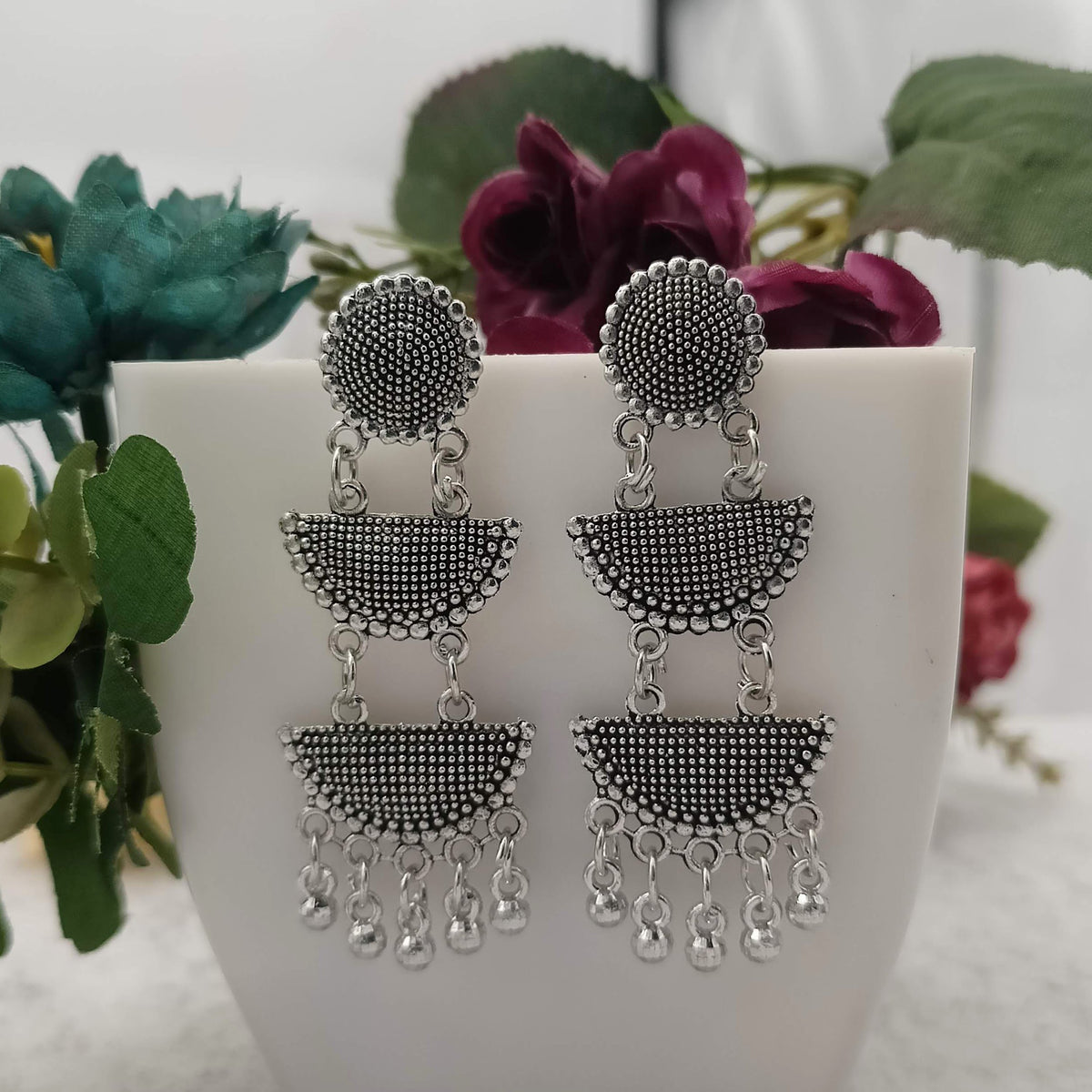 Double Halfmoon Hanging Silver Oxidised Earrings