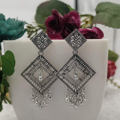 Diamond Shape Hanging Silver Oxidised Earrings