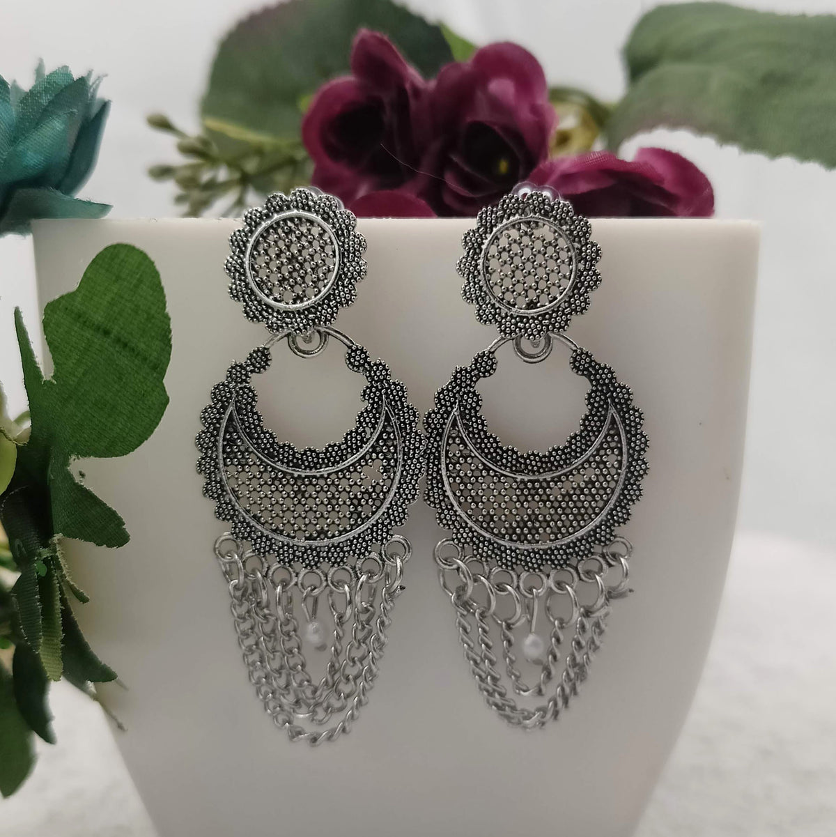 Designer Drop Chains Silver Oxidised Earrings