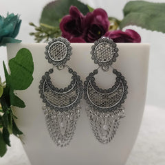 Designer Drop Chains Silver Oxidised Earrings
