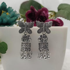 Butterfly & Elephant Jhumka Silver Oxidised Earrings