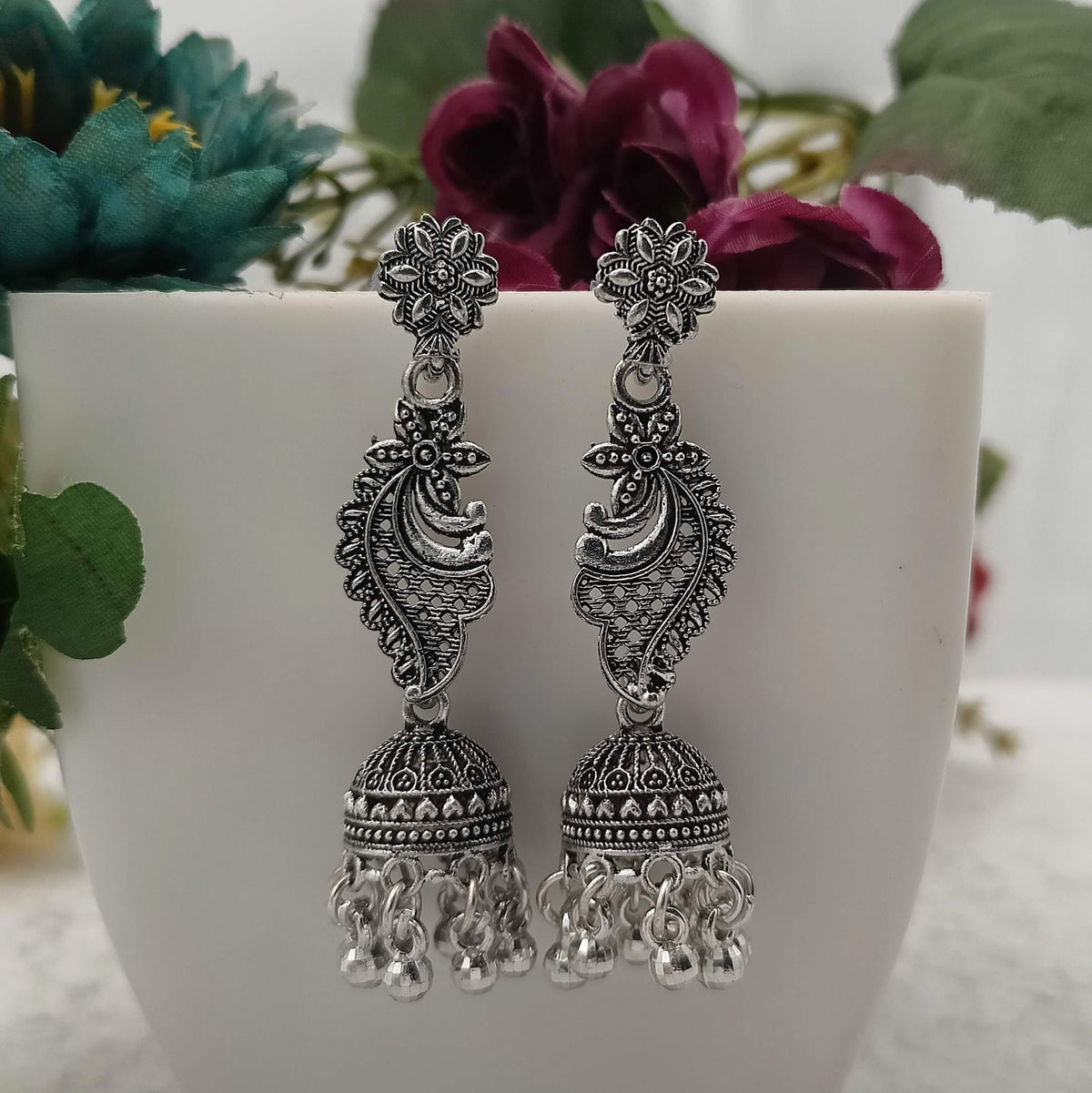 Flower Engraved Cute Jhumka Silver Oxidised Earrings