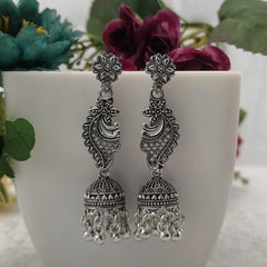 Flower Engraved Cute Jhumka Silver Oxidised Earrings