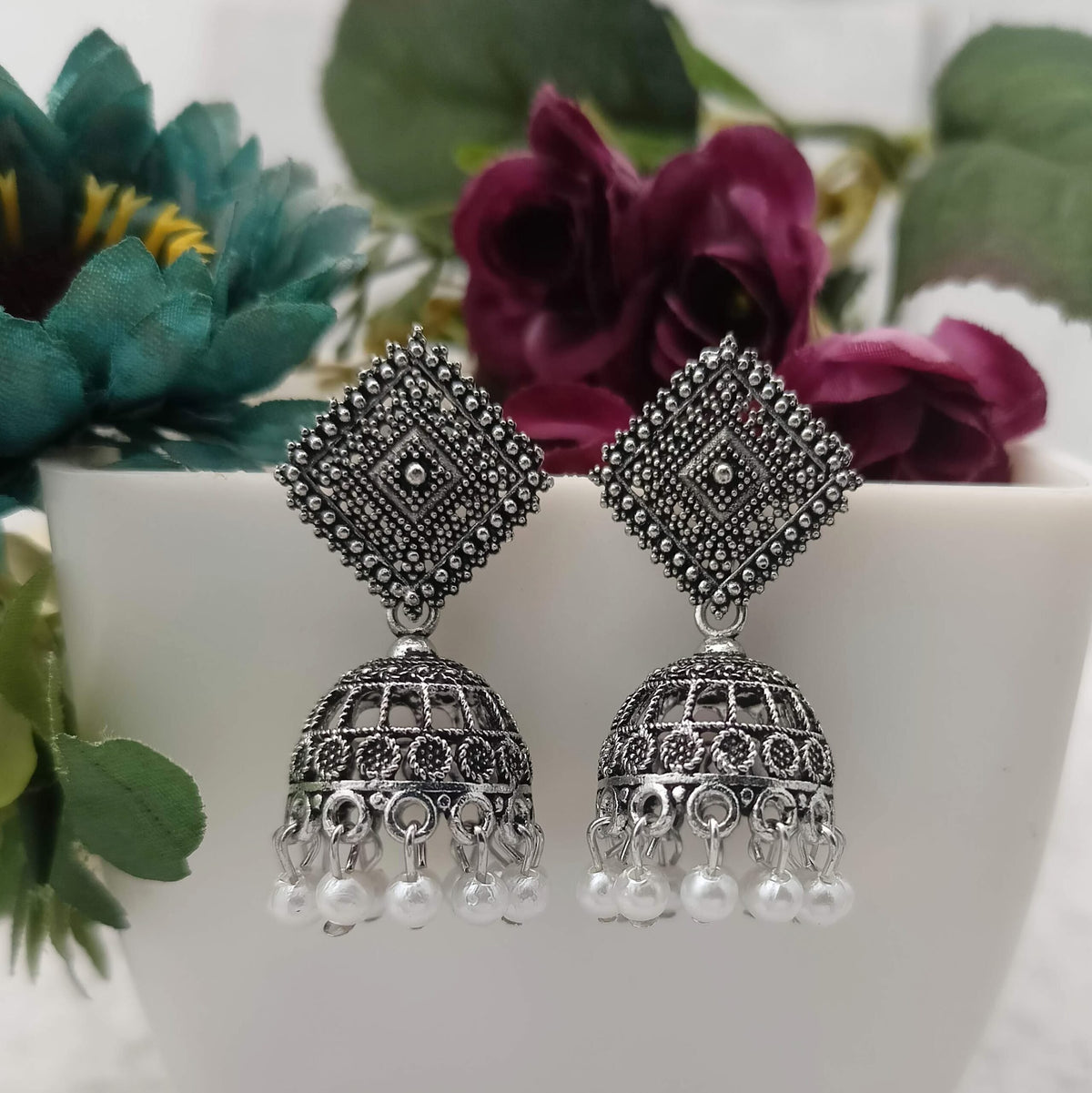 Diamond Shape Jhumka Cute Silver Oxidised Earrings