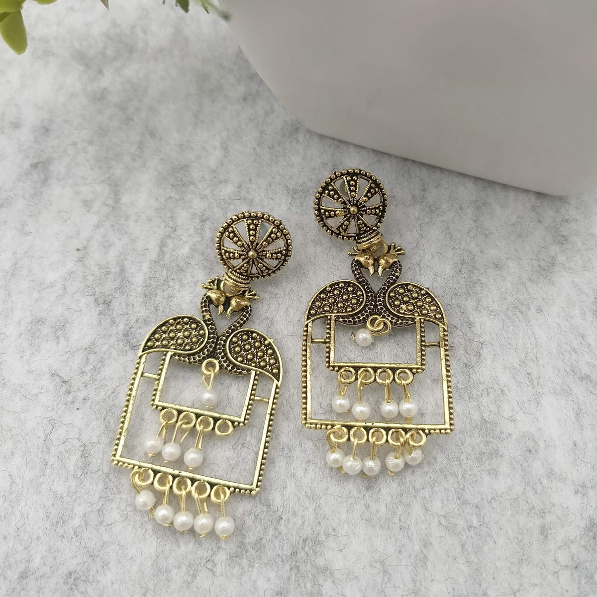 Golden Color White Beads Oxidised Earrings