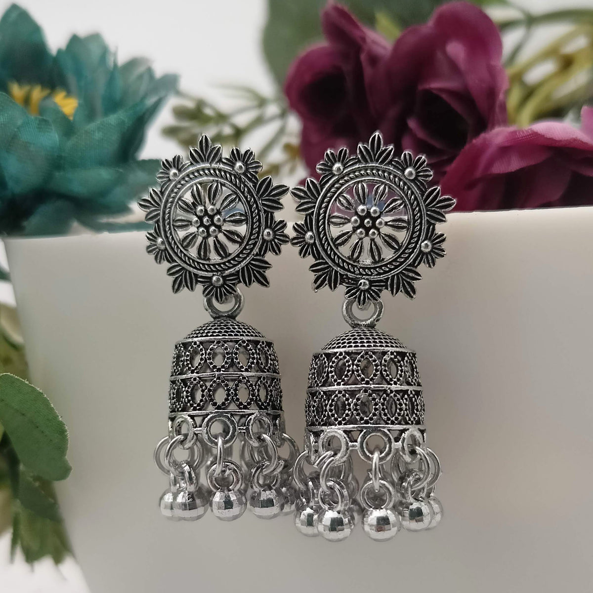 Floral Jhumka Silver Beads Oxidised Earrings