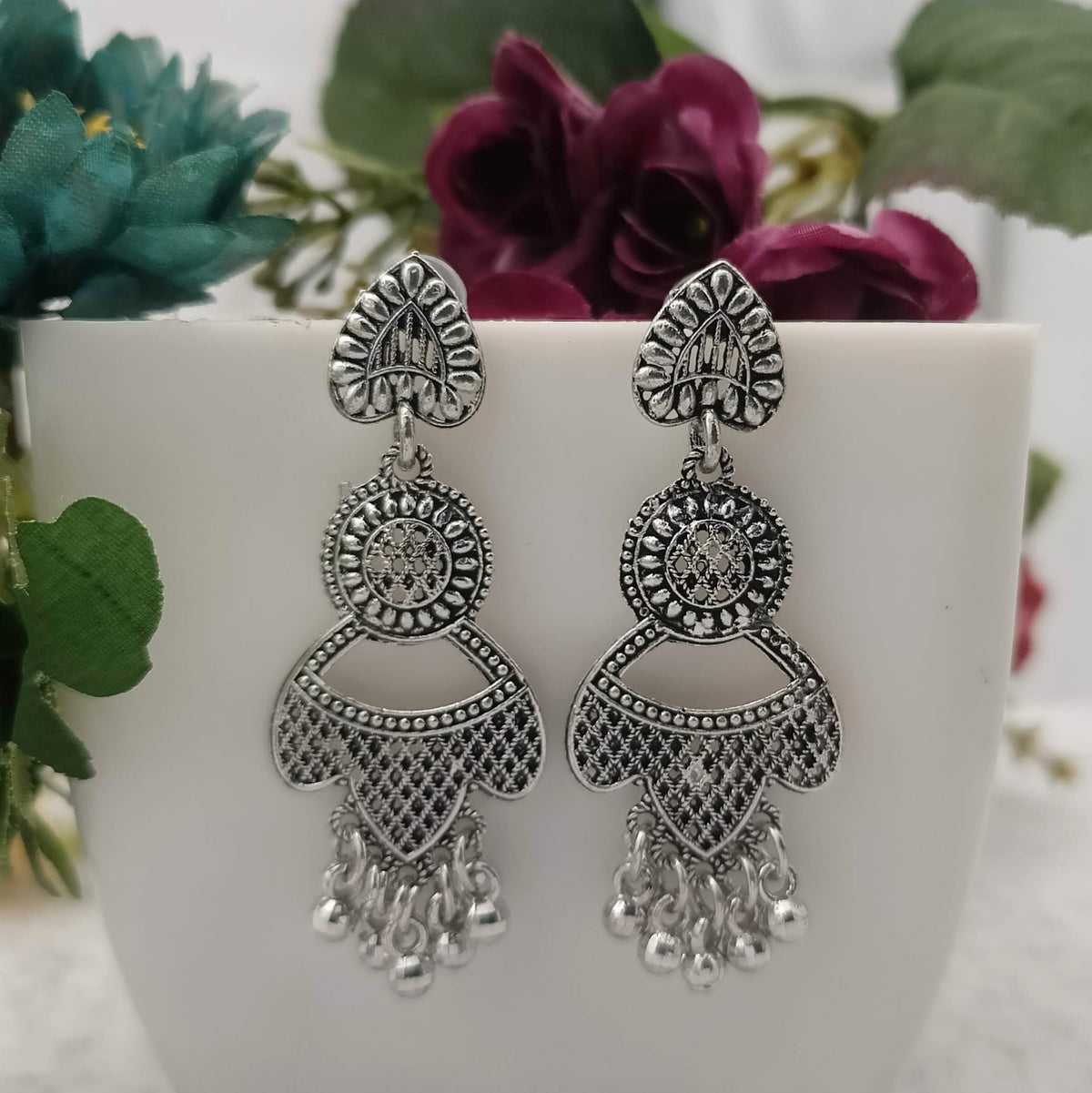 Beautiful Drop Silver Beads Oxidised Earrings