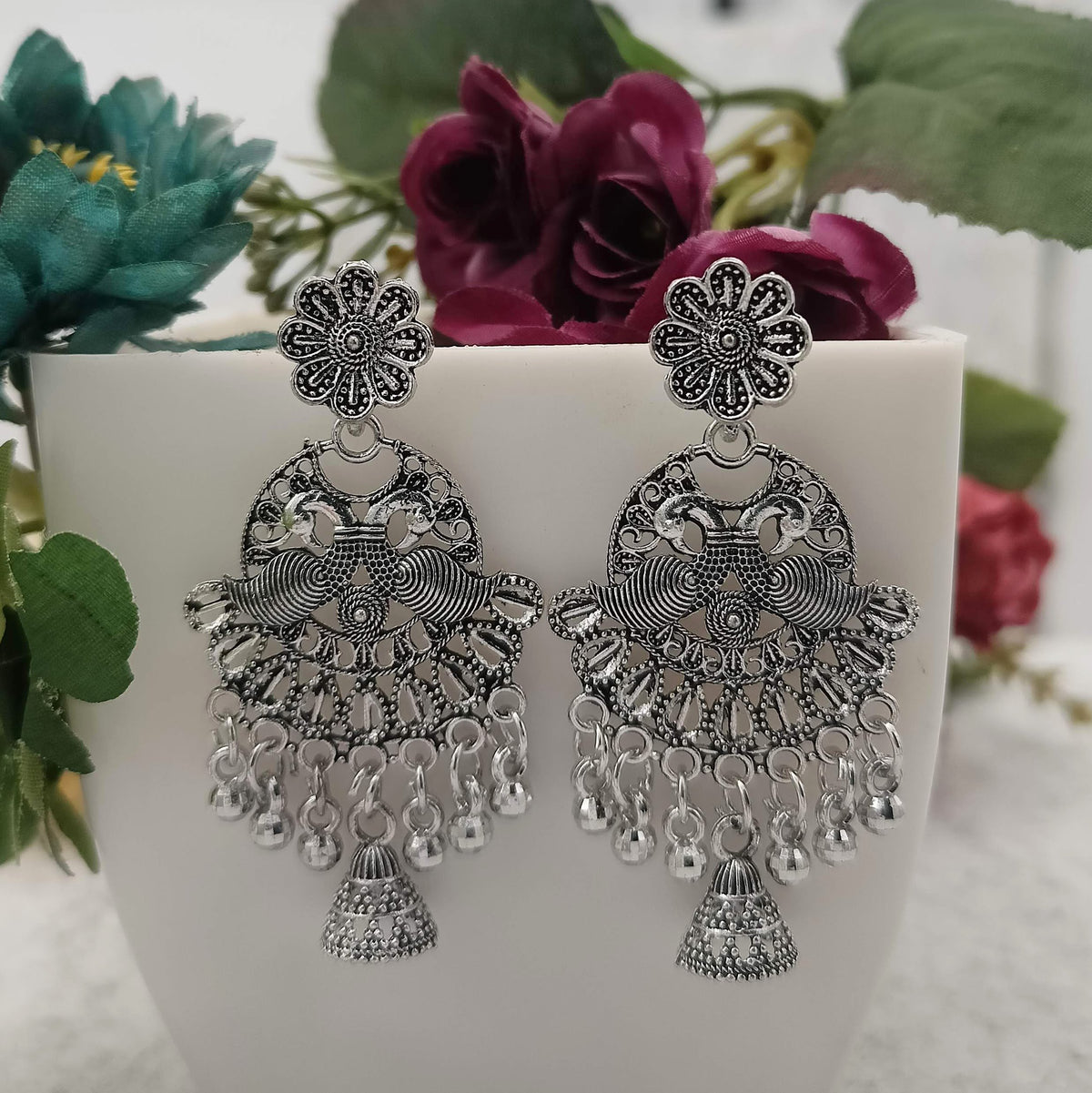 Floral Peacock Jhumka Silver Beads Oxidised Earrings