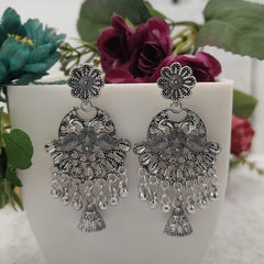 Floral Peacock Jhumka Silver Beads Oxidised Earrings
