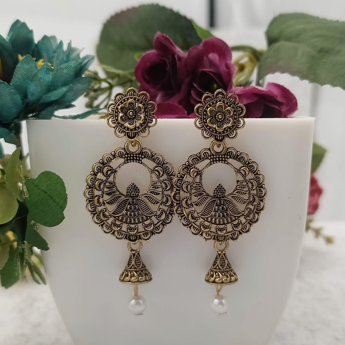 Floral Golden Oxidised Jhumka Earrings