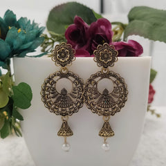 Floral Golden Oxidised Jhumka Earrings