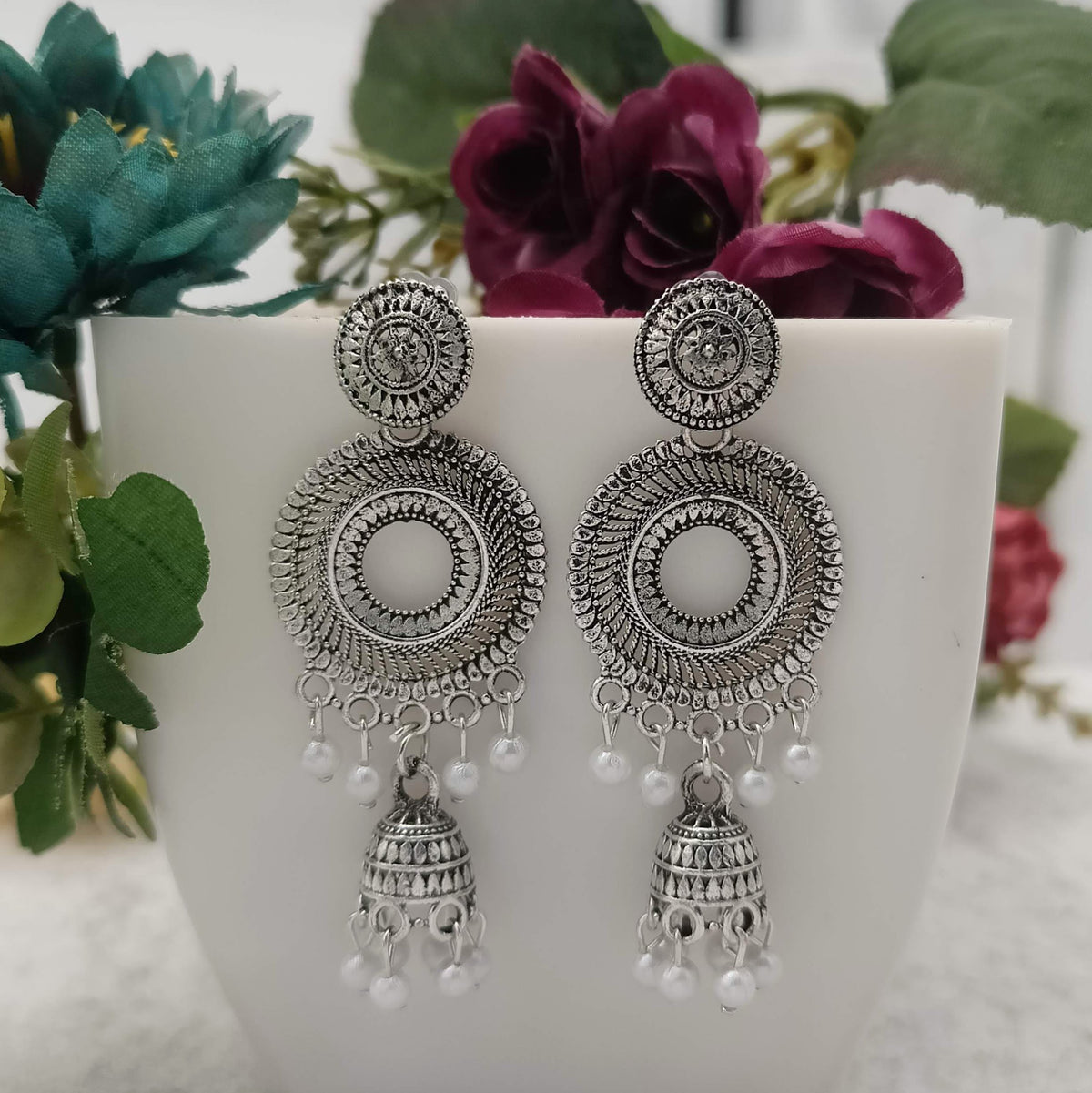 Round White Beads Drop Silver Oxidised Jhumka Earrings