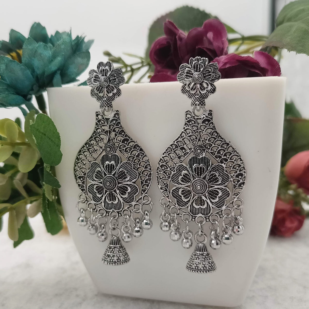 Big Flower Design Jhumka Silver Oxidised Earrings
