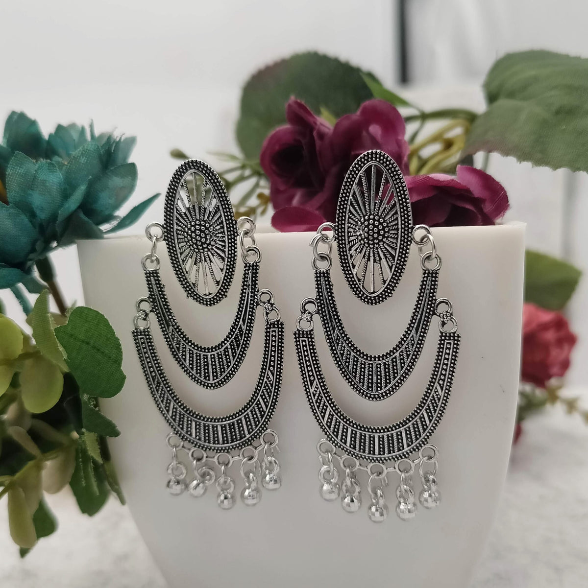 Beautiful Oval Stud Design Unique Silver Oxidised Earrings
