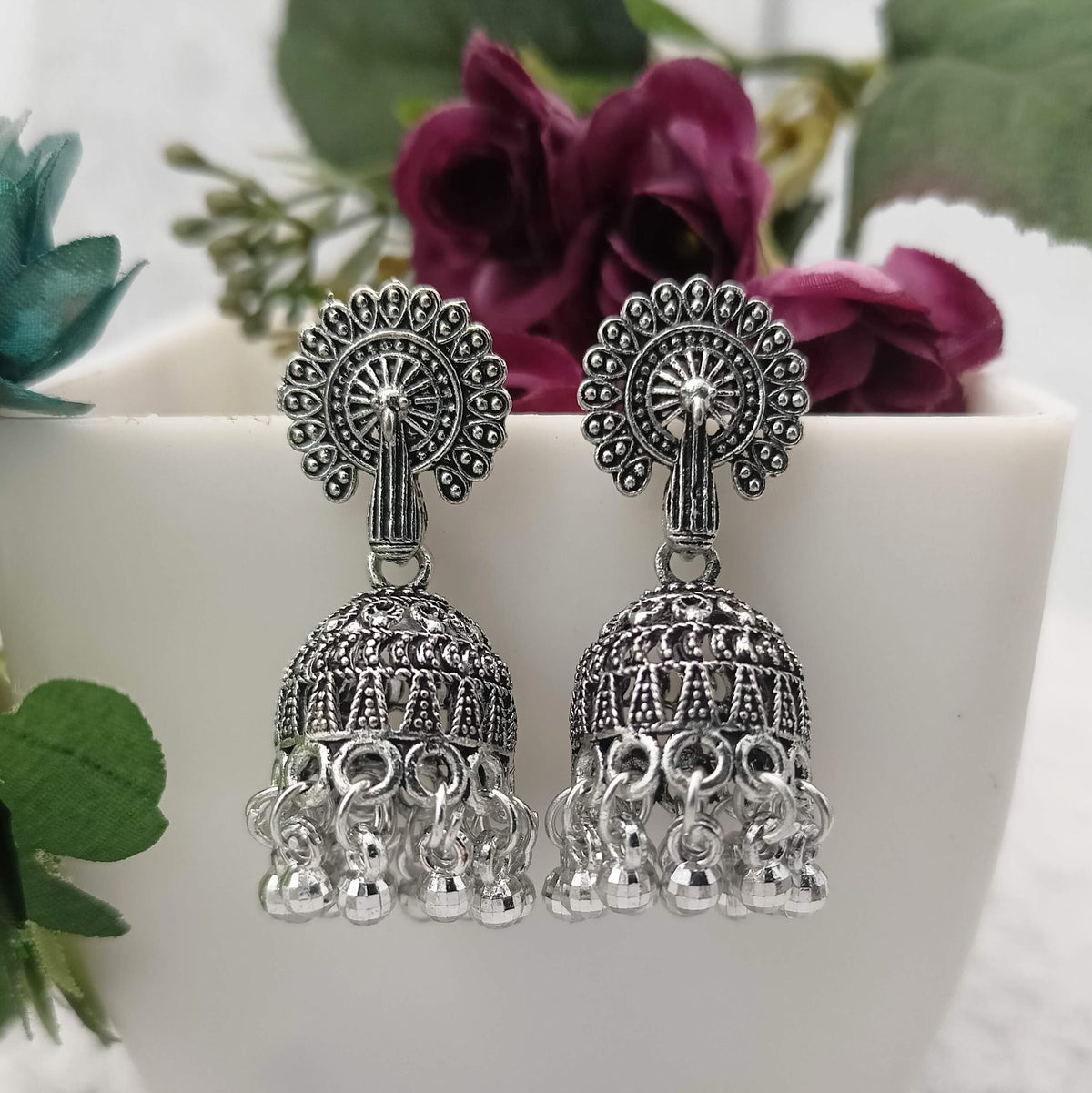 Peacock Shape Jhumka Silver Oxidised Earrings
