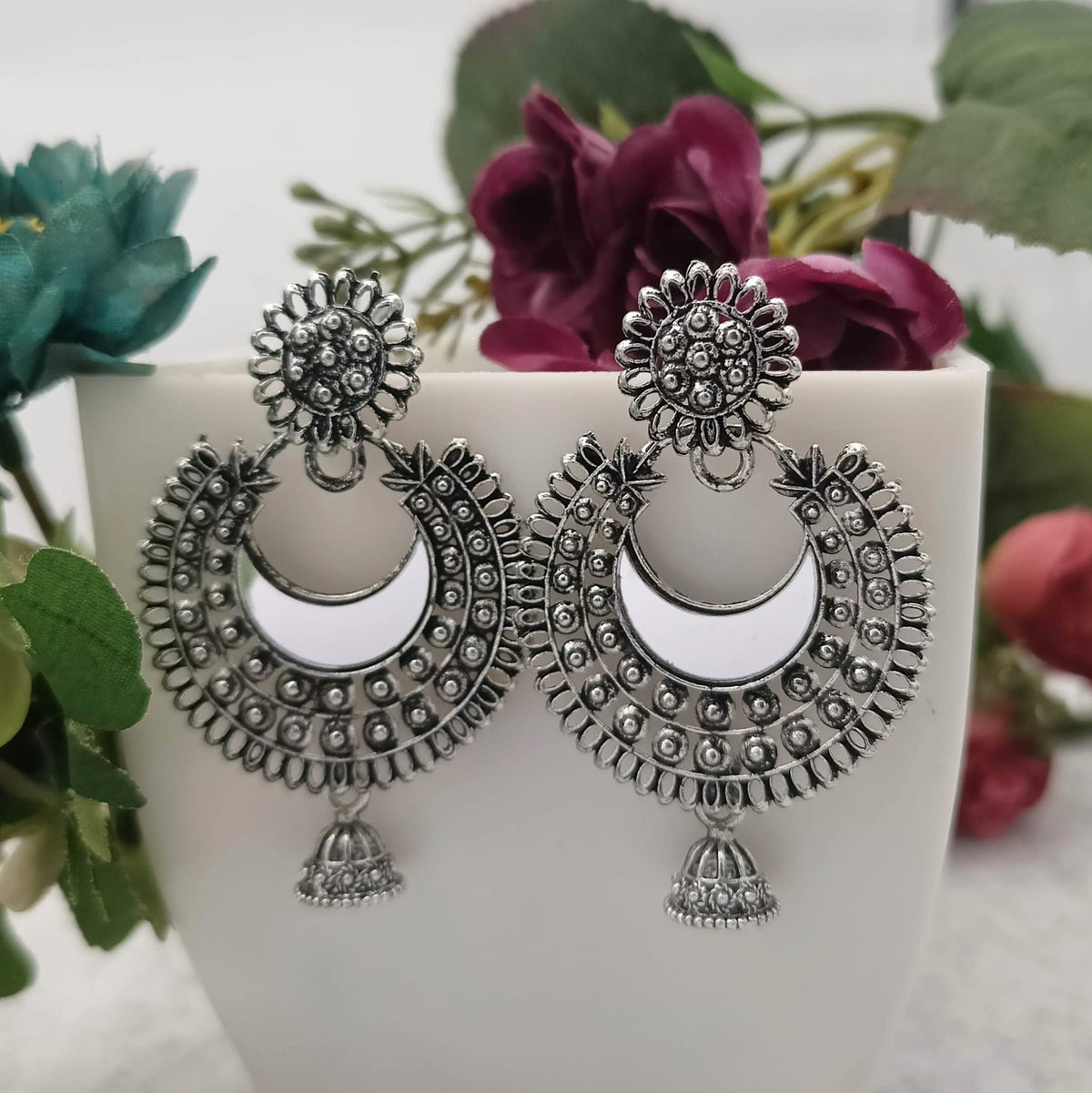 Mirror Half Moon Jhumka Silver Oxidised Earrings