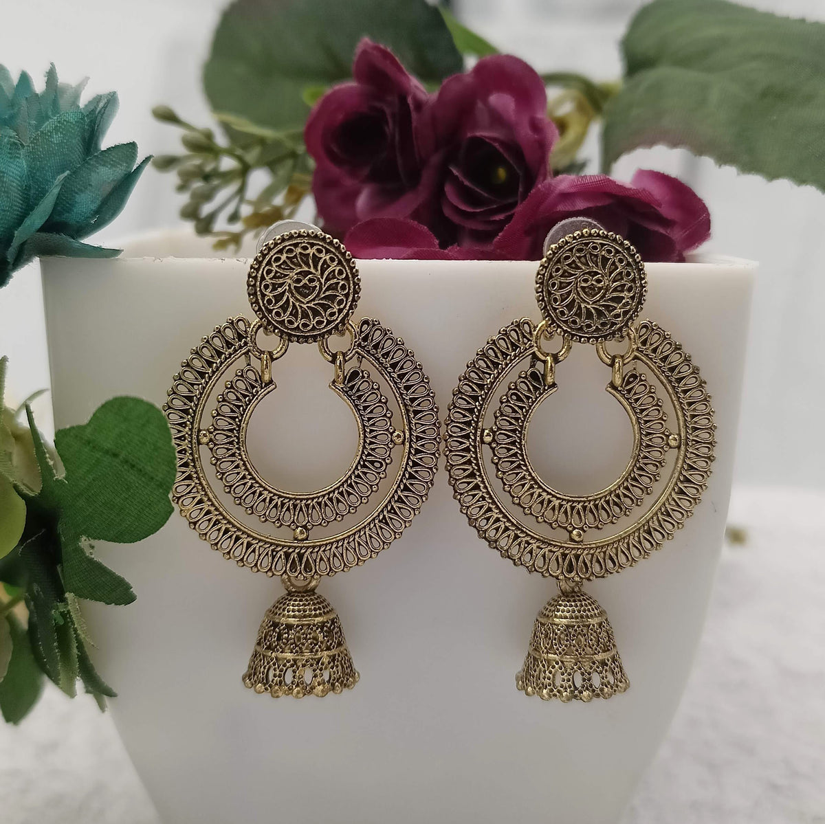Golden Oxidised Drop Jhumka Trendy Earrings