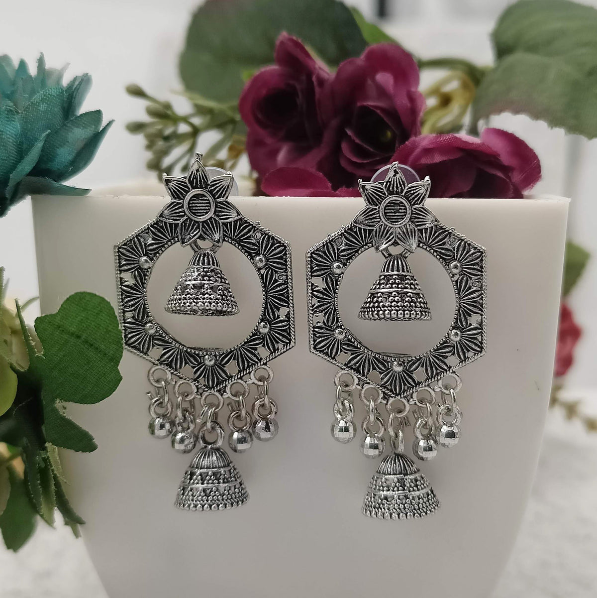 Beautiful Floral Double Jhumka Silver Oxidised Earrings