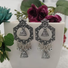 Beautiful Floral Double Jhumka Silver Oxidised Earrings