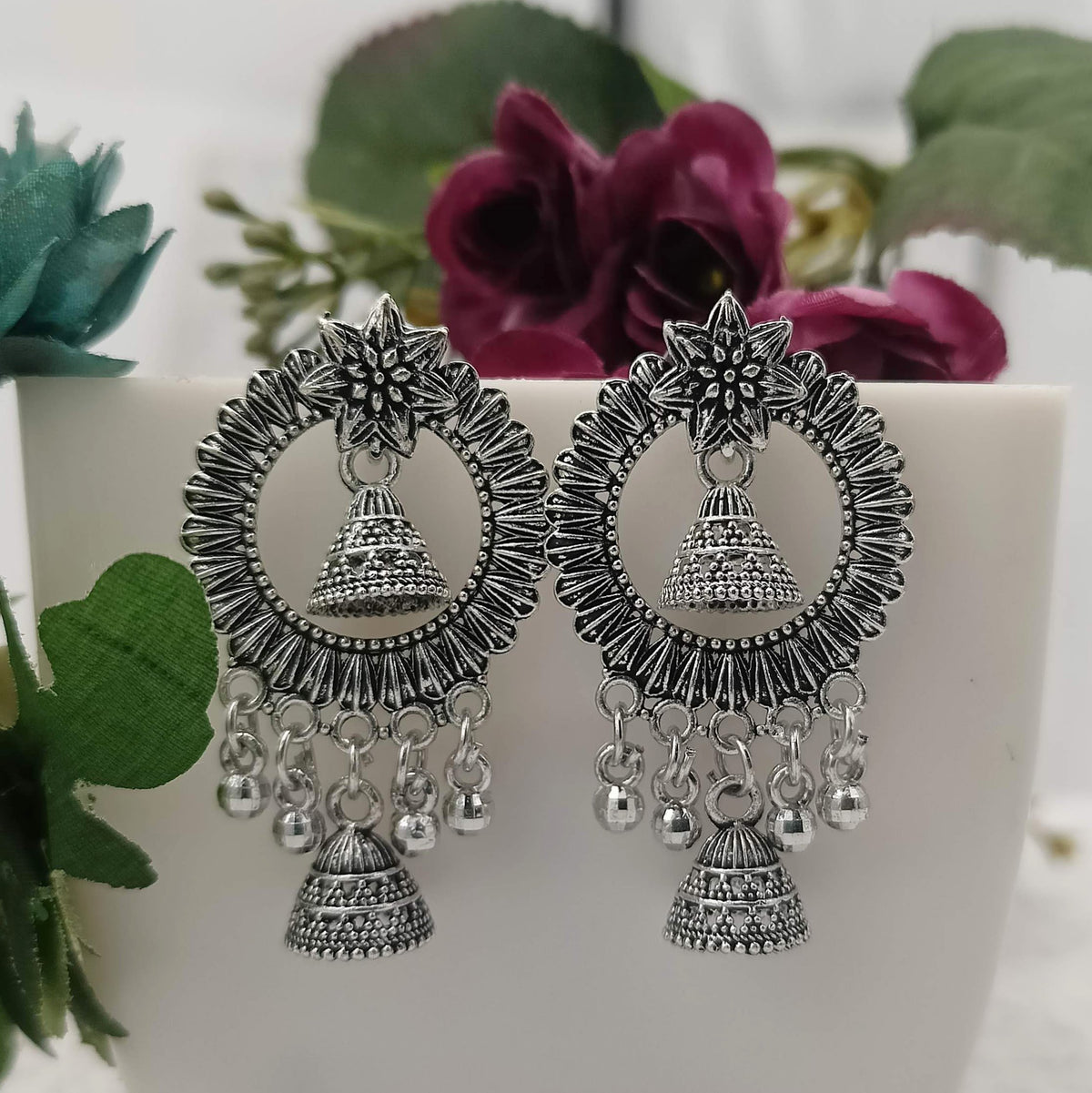 Flower Shape Double Jhumka Silver Oxidised Trendy Earrings