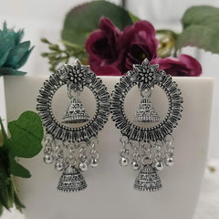 Flower Shape Double Jhumka Silver Oxidised Trendy Earrings