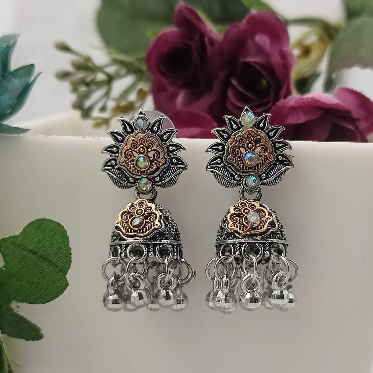 Dual Tone Jhumka Silver Oxidised Trendy Earrings