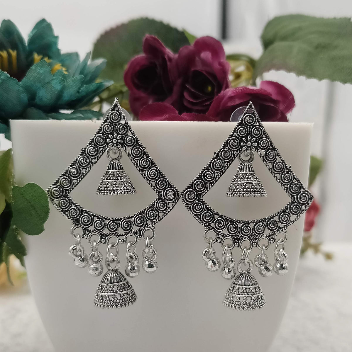 Unique Double Jhumka Silver Oxidised Trendy Earrings