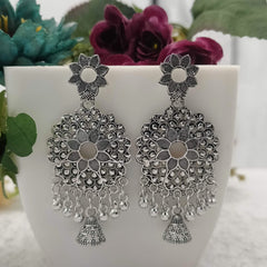 Big Floral Design Jhumka Silver Oxidised Trendy Earrings