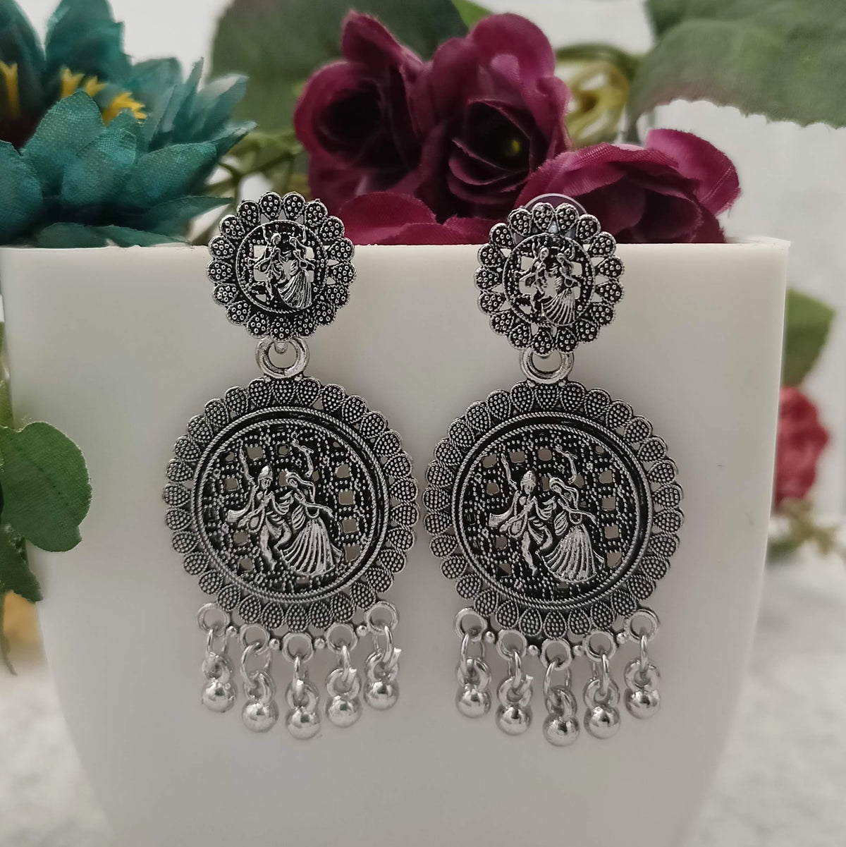 Dancing Couple Silver Oxidised Trendy Earrings