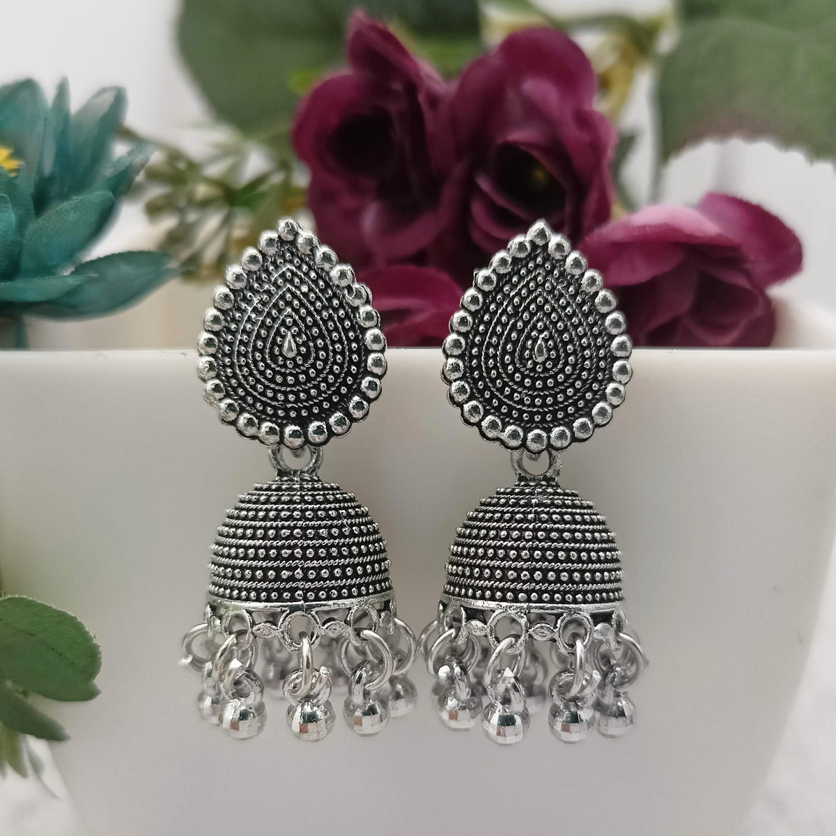 Tikka Shape Jhumka Silver Oxidised Trendy Earrings